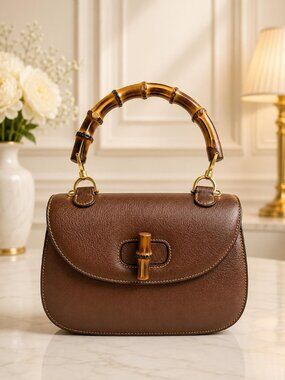Authentic Gucci Bamboo Top Handle Brown Leather Vintage Bag Handbag Purse